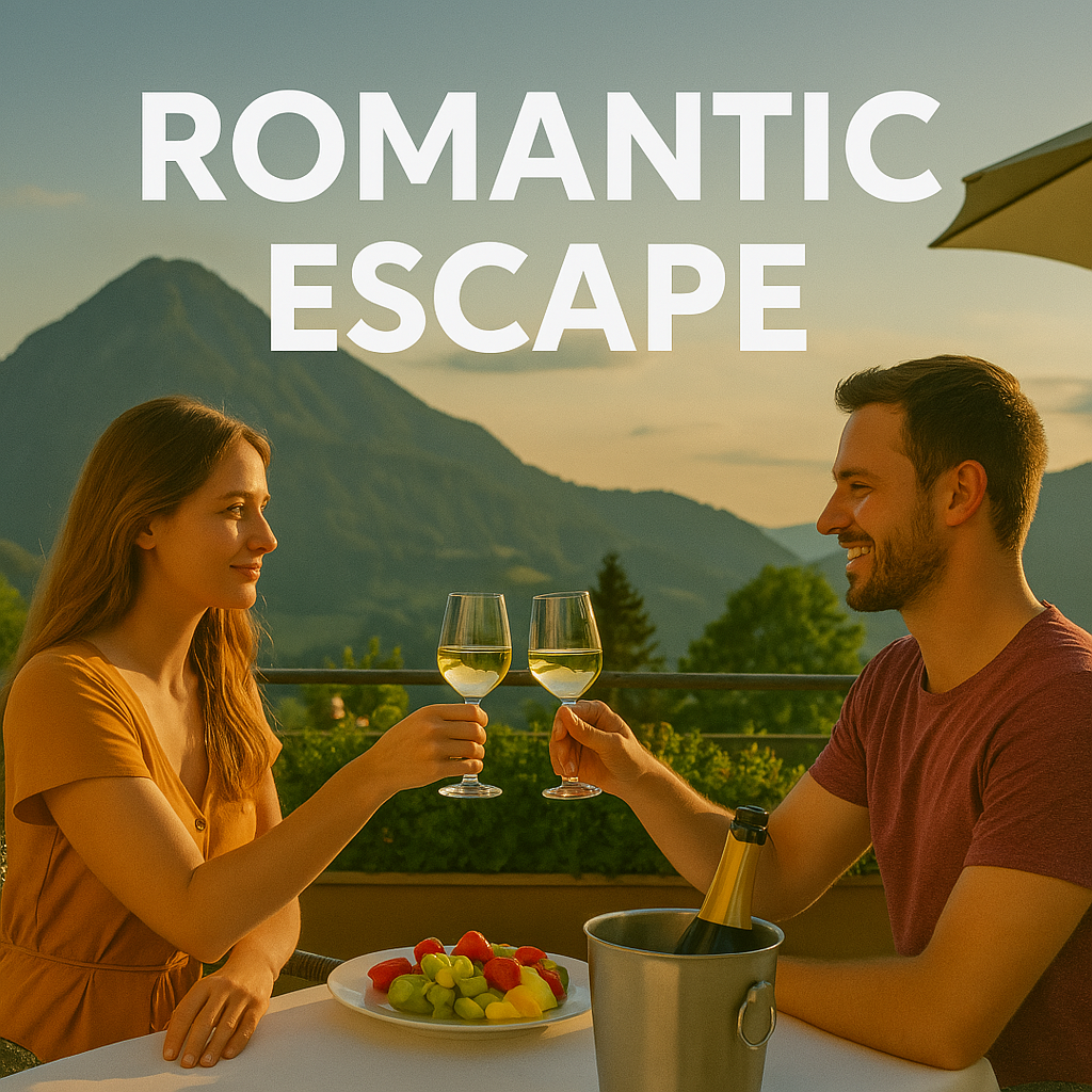 a man and woman holding wine glasses and a plate of fruit